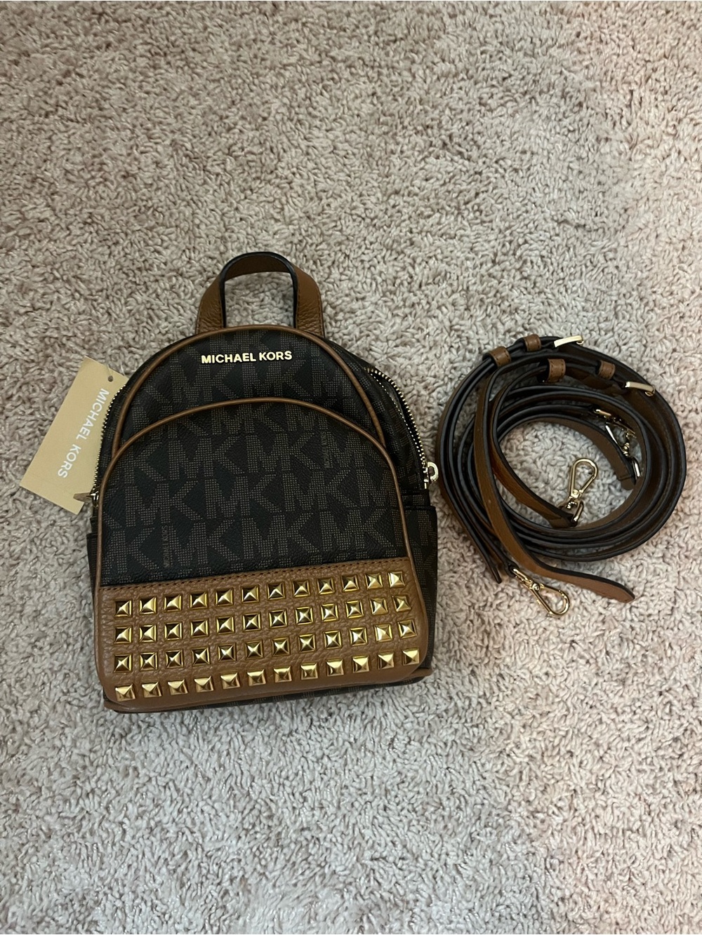 Michael Kors Brown MK Logo Mini Backpack with Gold Hardware
